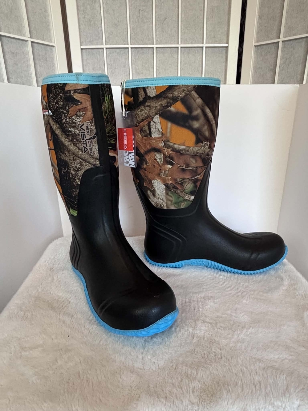 Women’s New With Tags Waterproof Camo Rain Boots with Black and Light Blue Trim